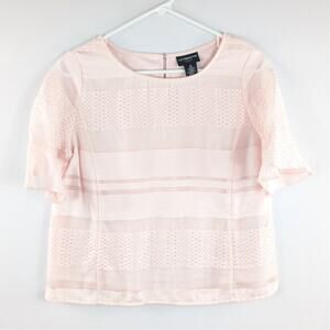 Liz Claiborne PM Petite Sheer Stripe Short Sleeve Career Blouse Pink Lined